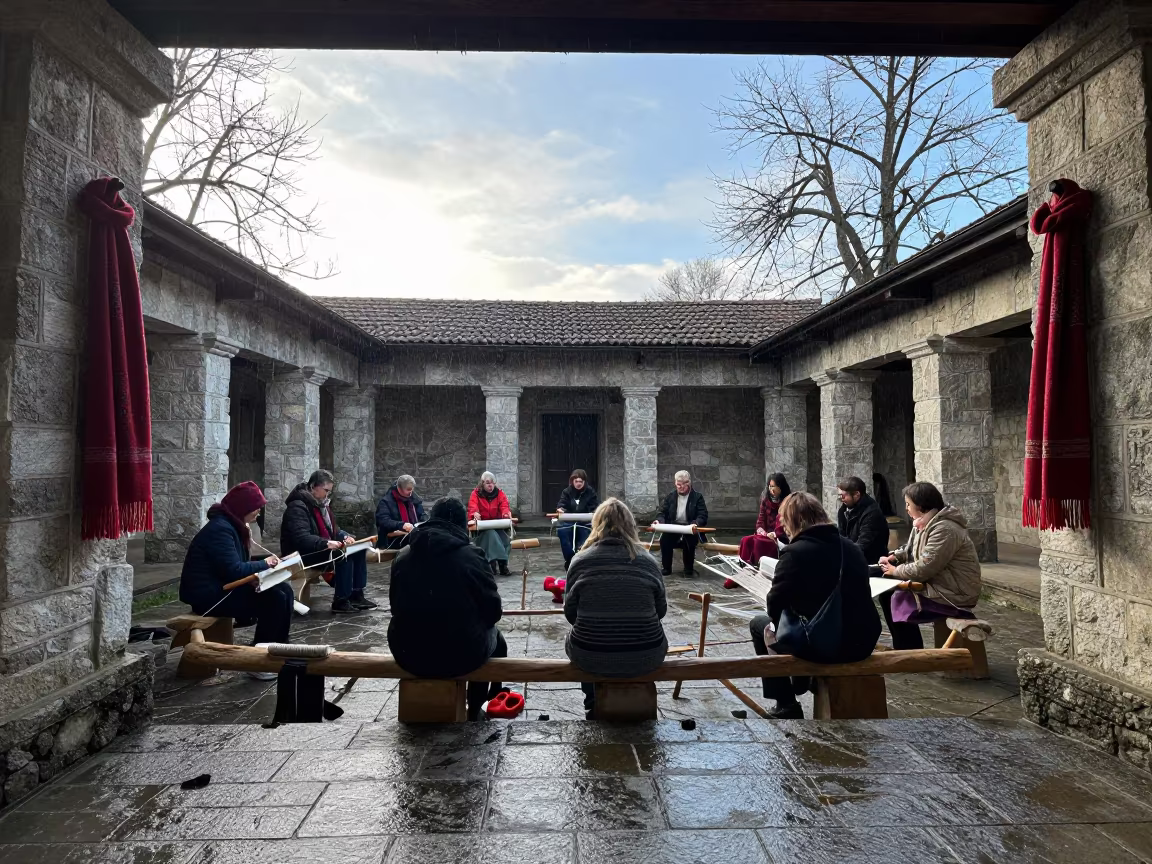 Indigenous Weavers with Backstrap Looms in Bielsko-Biała Temple Courtyard in in a temple courtyard in Bielsko-Biała