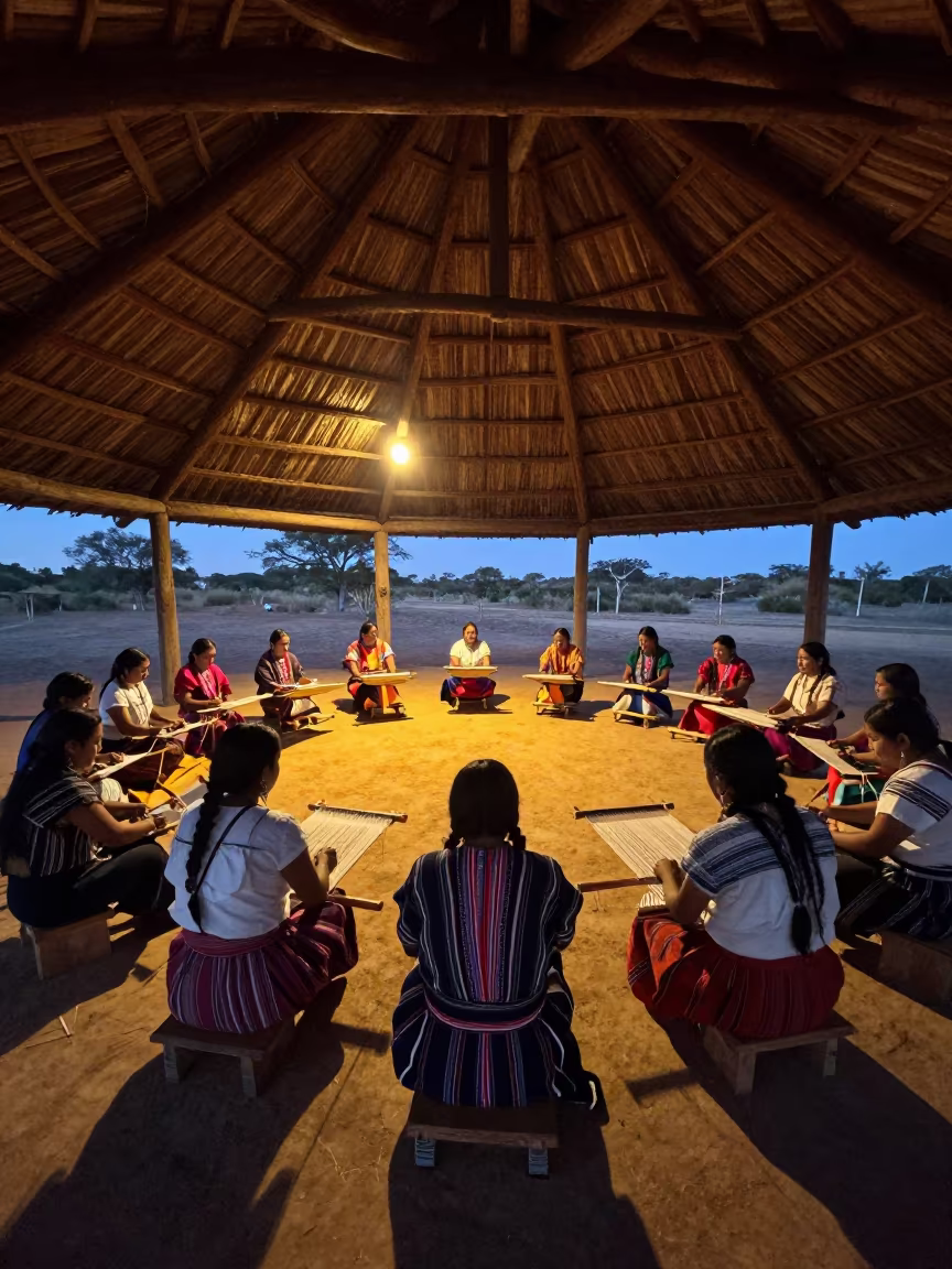 Indigenous Weaving Circle with Backstrap Looms in in a ceremonial hall in Catia La Mar