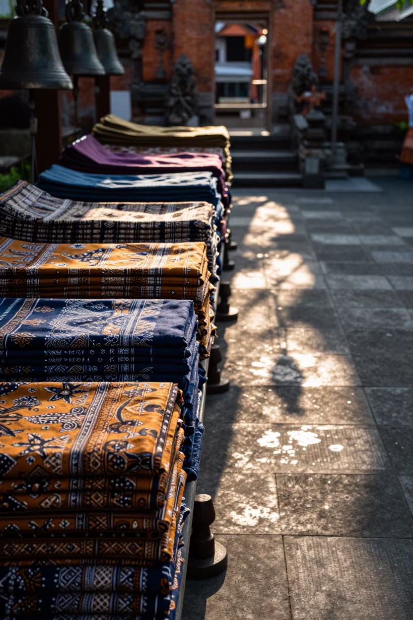 Indigo and Ochre Batik Stacks at Balinese Temple Edge in in a temple courtyard in Denpasar