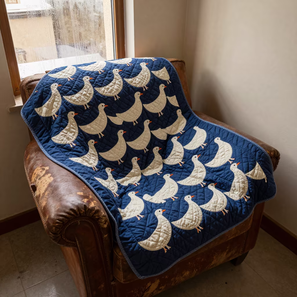 Indigo Cream Quilt on Leather Chair in Ahvaz in on a worn leather armchair near Ahvaz