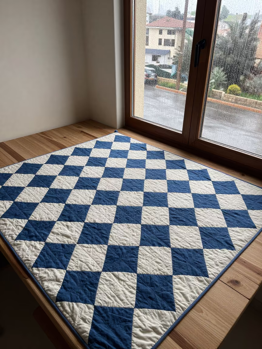 Indigo Cream Quilt by Rain Window in beside a rain-streaked window in New Borg El Arab