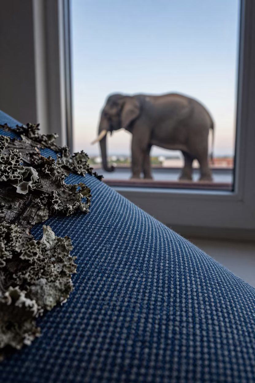 Indigo Denim Weave Elephant Rooftop in on lichen-covered bark near Sheikh Othman