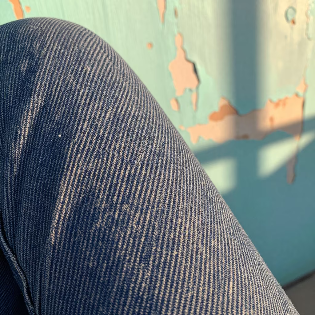 Indigo Denim Weave Against Turquoise Paint in against weathered turquoise paint in Kamalia