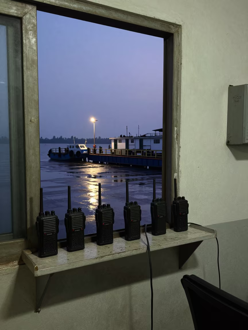 Indigo Dispatch Radio Shelf After Rush Clears in inside a dispatch office above the dock in Kollam