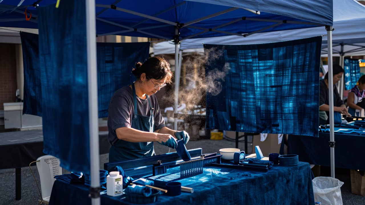 Indigo Dye Demonstration in Nashville Market Evening in under a market canopy in Nashville