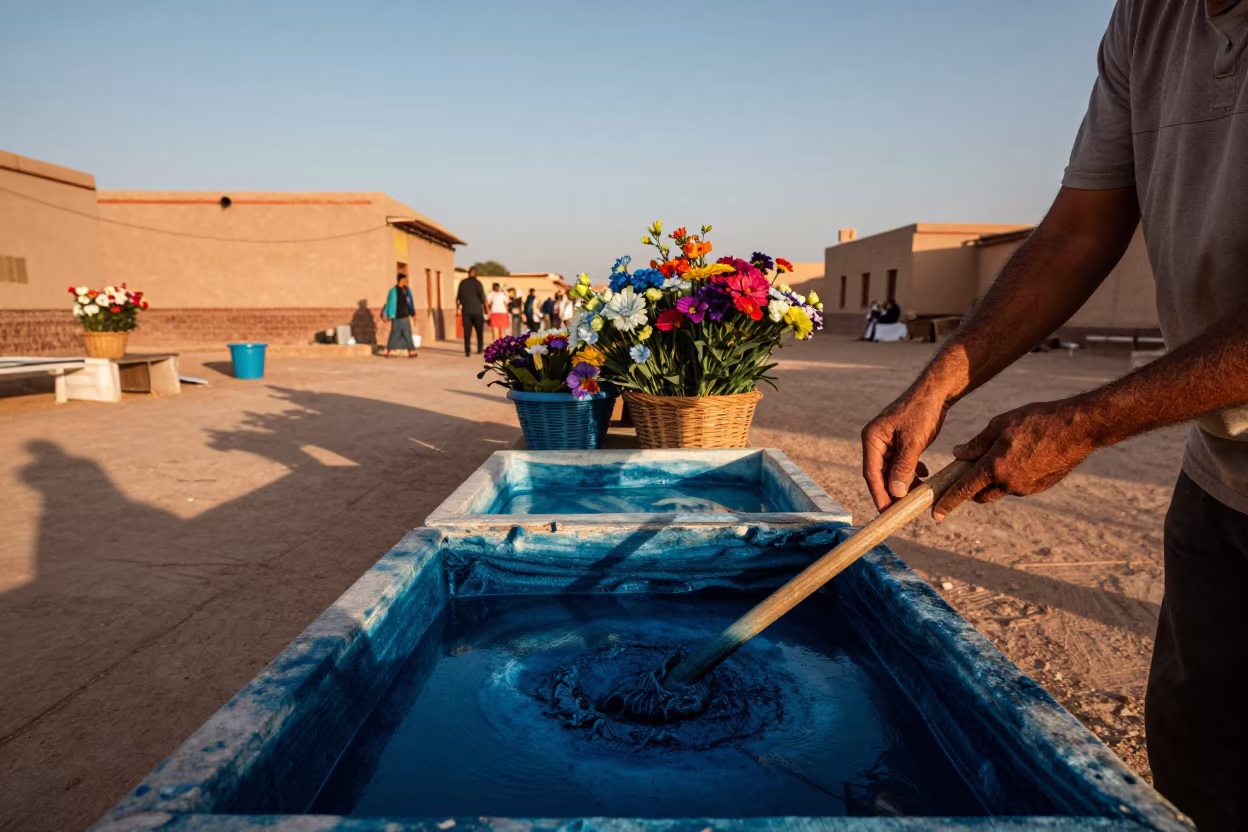 Indigo Dye Demonstration at Temara Flower Auction in at a flower auction bench in Temara