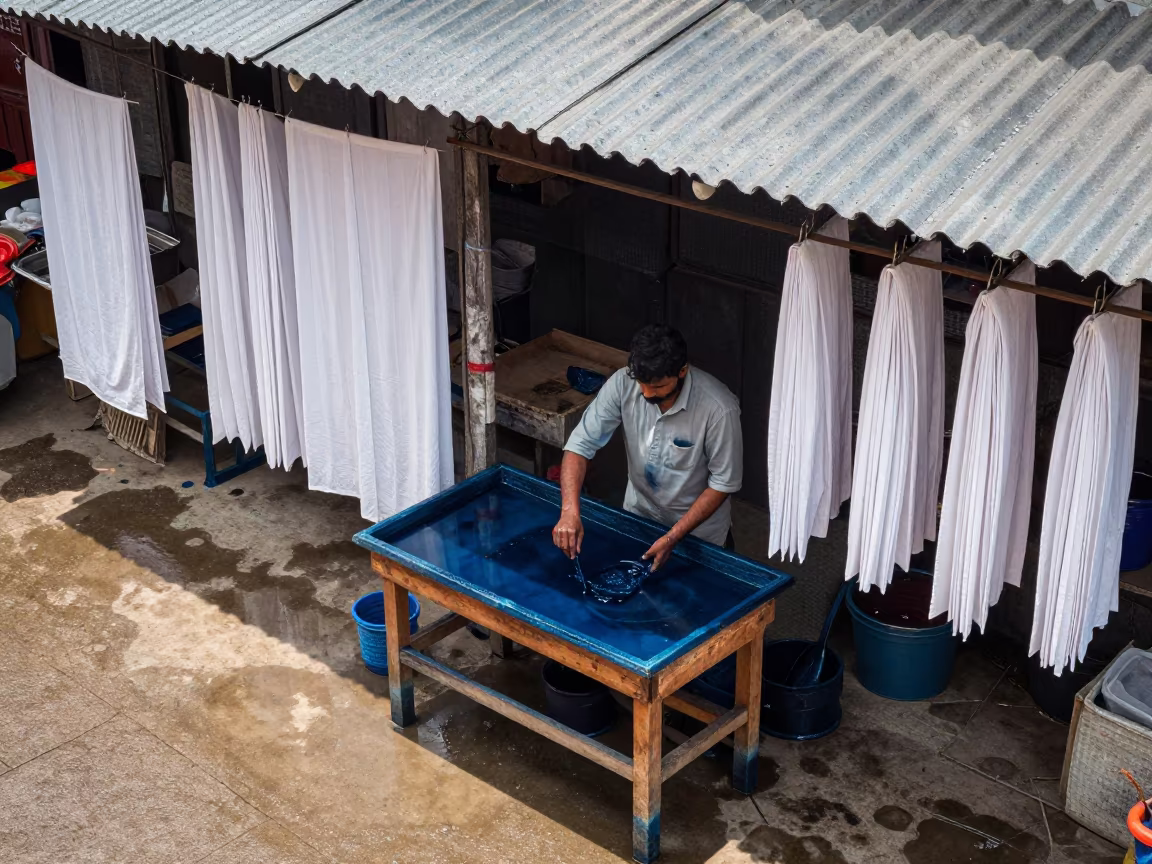 Indigo Dye Demonstration in Mumbai Bazaar in in a covered bazaar aisle in Navi Mumbai