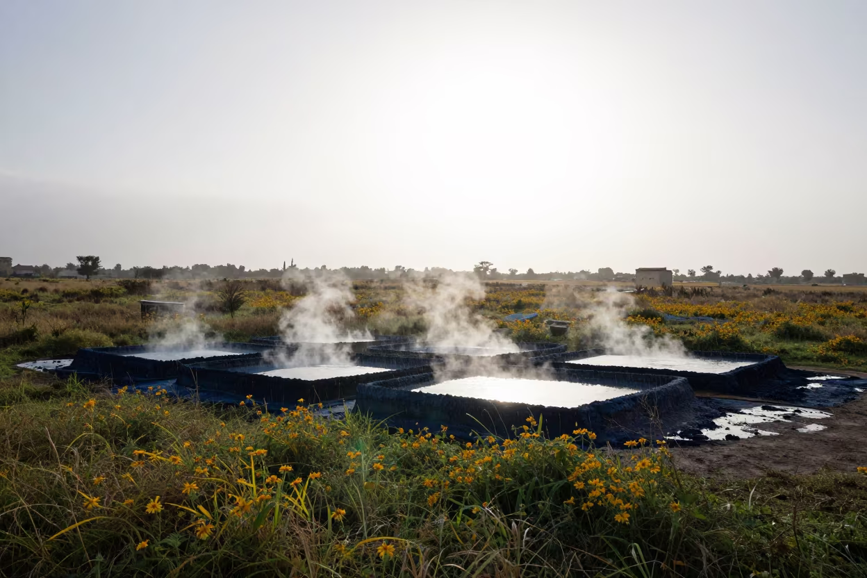 Indigo Dye Vats Steaming in Rainy Meadow in in a bloom-heavy meadow near Safi