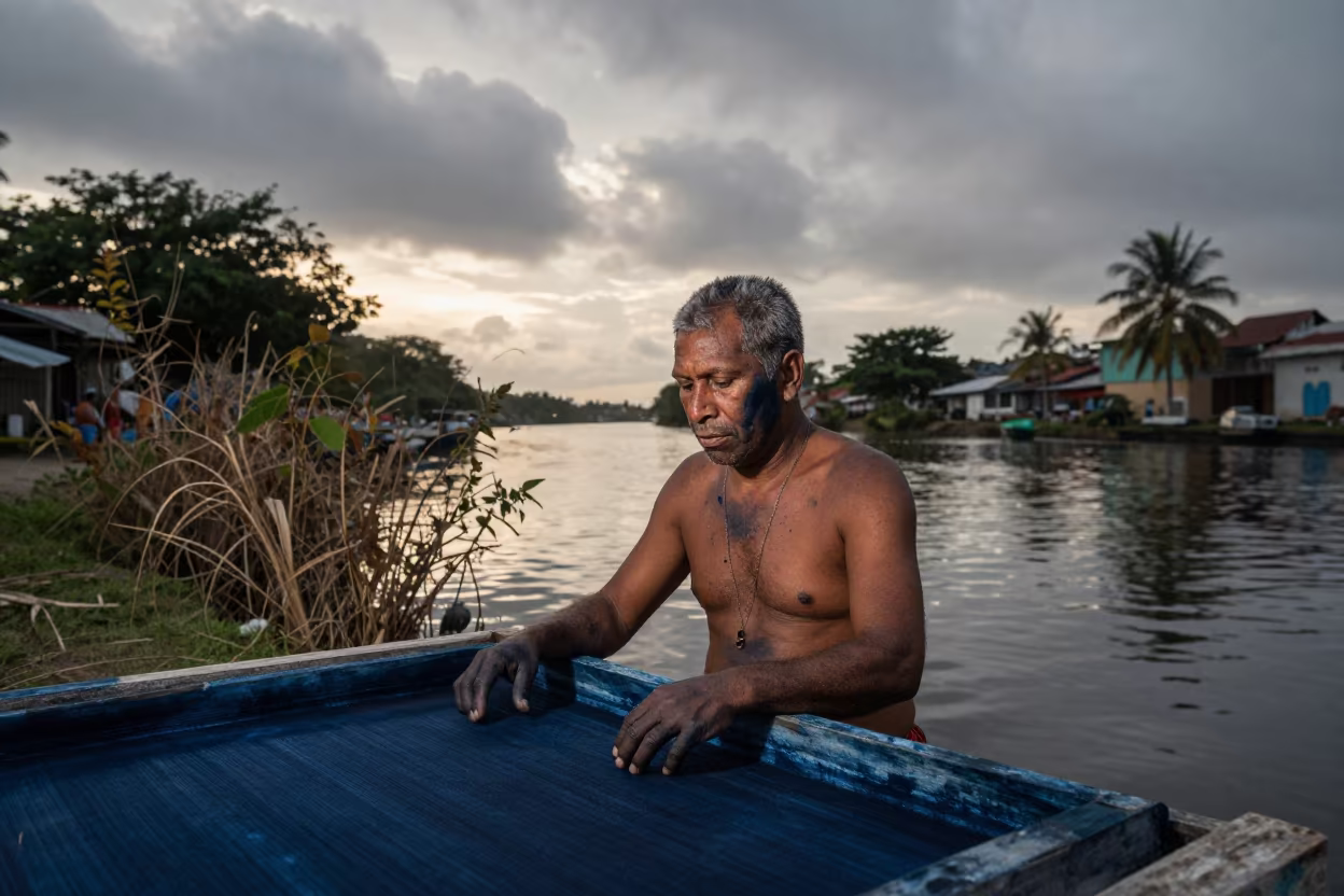 Indigo-Dyed Textile Worker at Barranquilla Canal in beside a canal in Barranquilla
