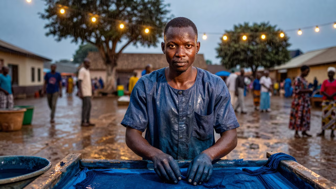 Indigo Dyer in Labé Square Under String Lights in at a public square in Labé