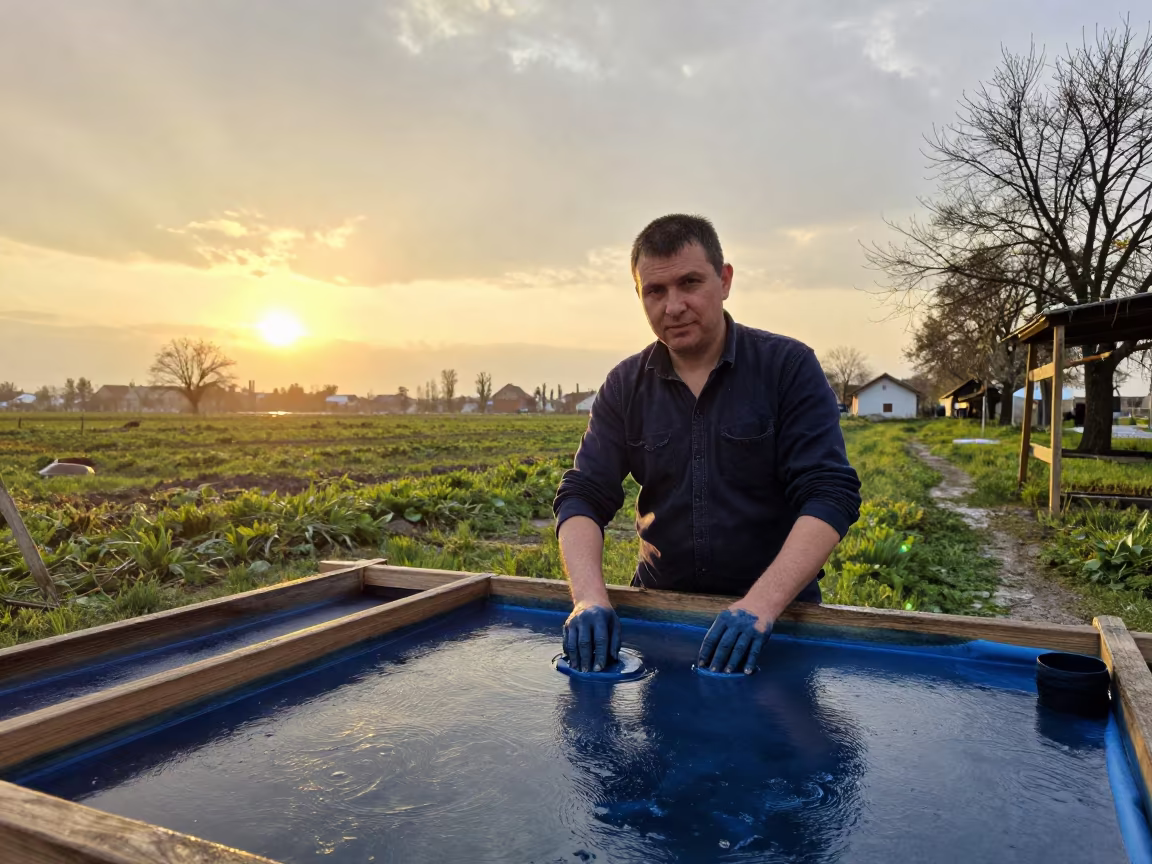 Indigo Dyer Portrait in Golden Spring Rain in near Debrecen