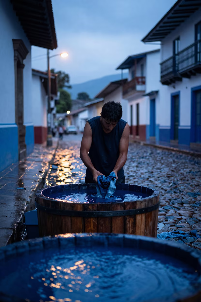 Indigo Dyer Pulling Cloth from Vat in in the old quarter in Bogota