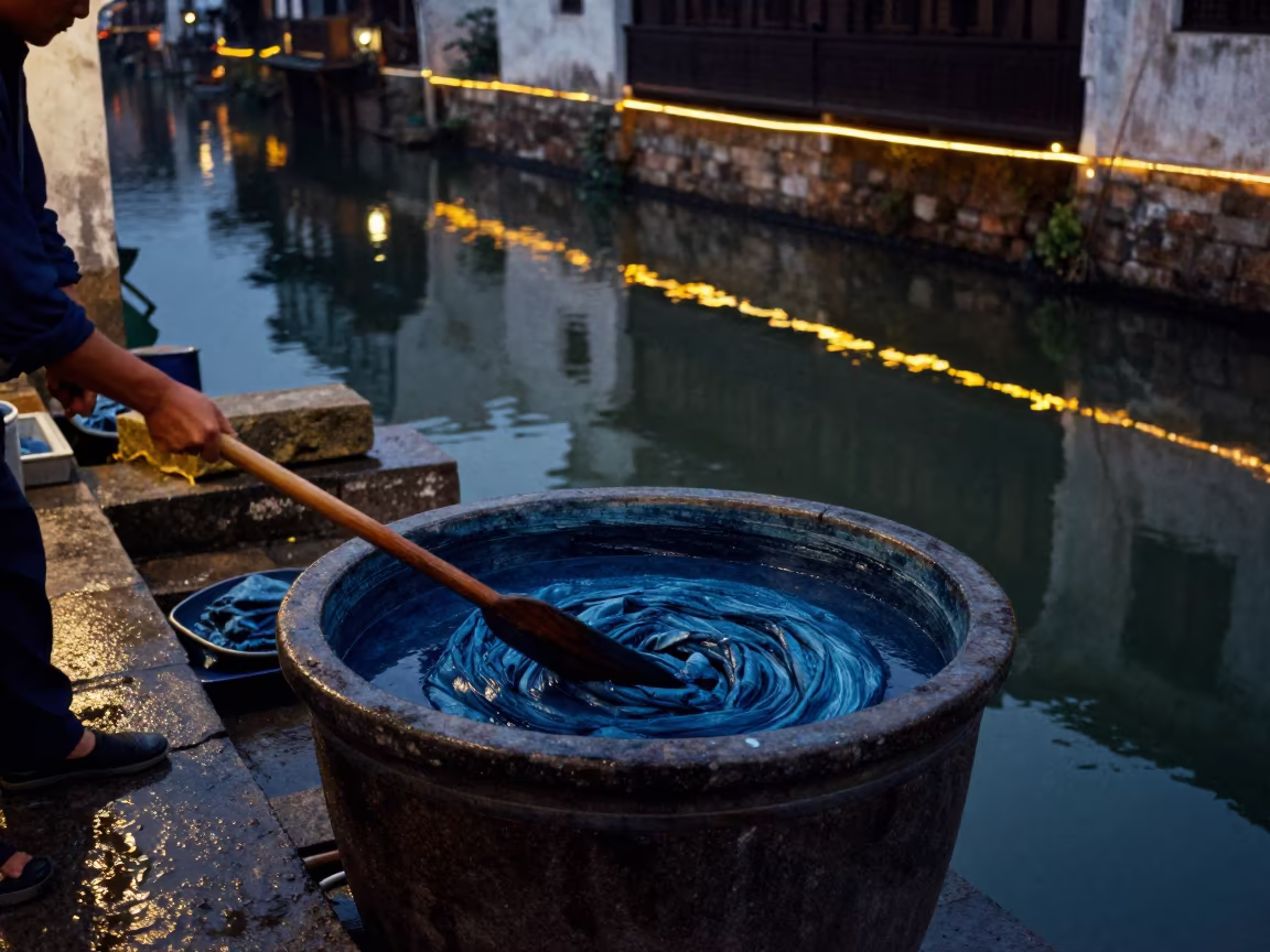 Indigo Dyer Stirring Fabric by Xian Canal at Night in beside a canal in Xian