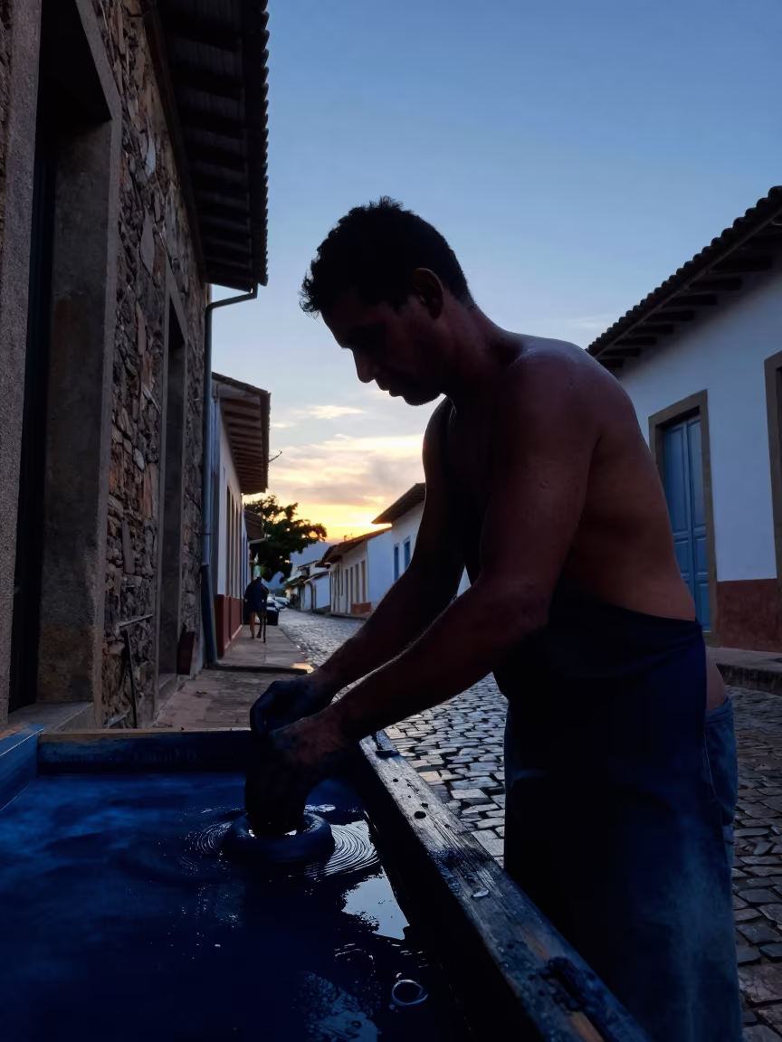 Indigo Dyers Silhouette in Barbacena Wet Season in in the old quarter in Barbacena