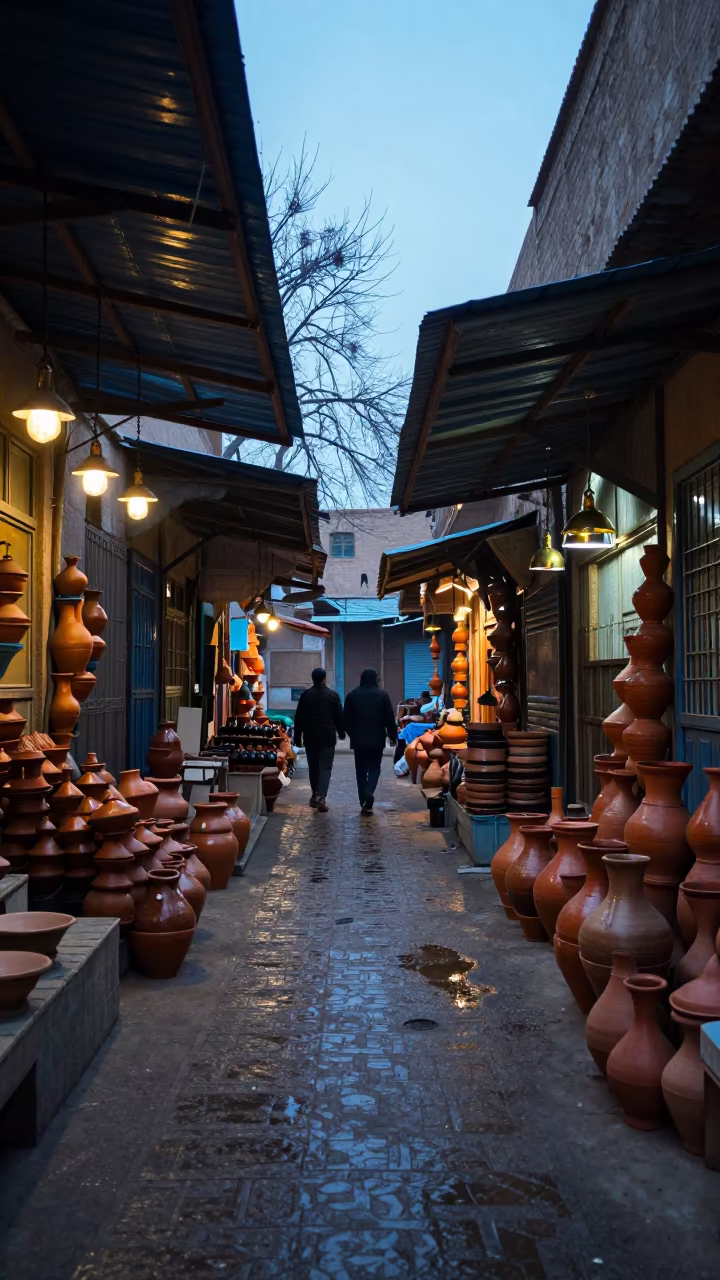Indigo Evening in Swabi Bazaar Alley in at a market stall in Swabi