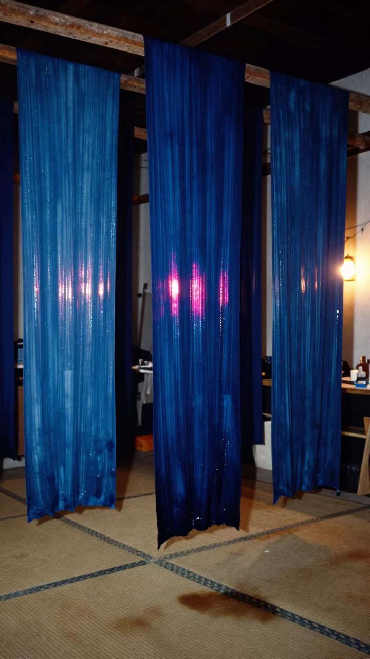 Indigo Fabric Hanging in Catia La Mar Workshop in on a tatami mat in Catia La Mar