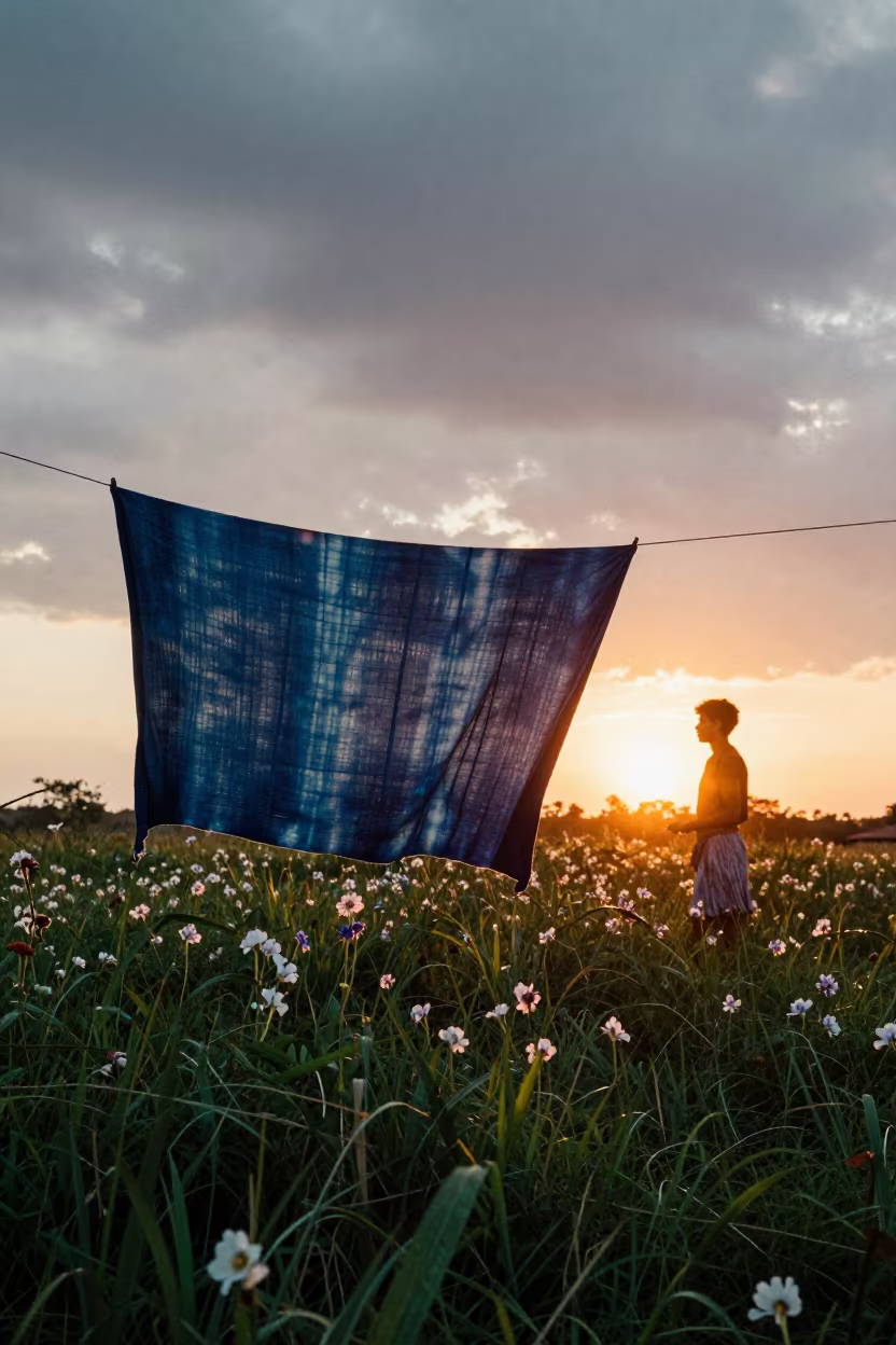 Indigo Fabric Drying in Barinas Meadow Sunset in in a bloom-heavy meadow near Barinas