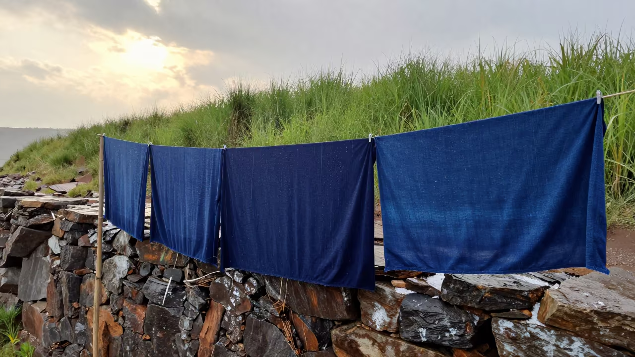Indigo Fabric Drying on Lesotho Cliff Edge in along a salt-sprayed cliff edge in Lesotho
