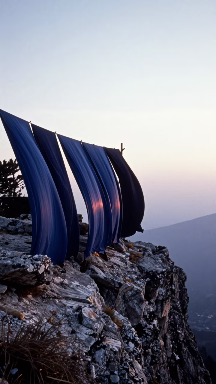 Indigo Fabric Drying on Lombardy Cliff Edge in along a salt-sprayed cliff edge in Lombardy