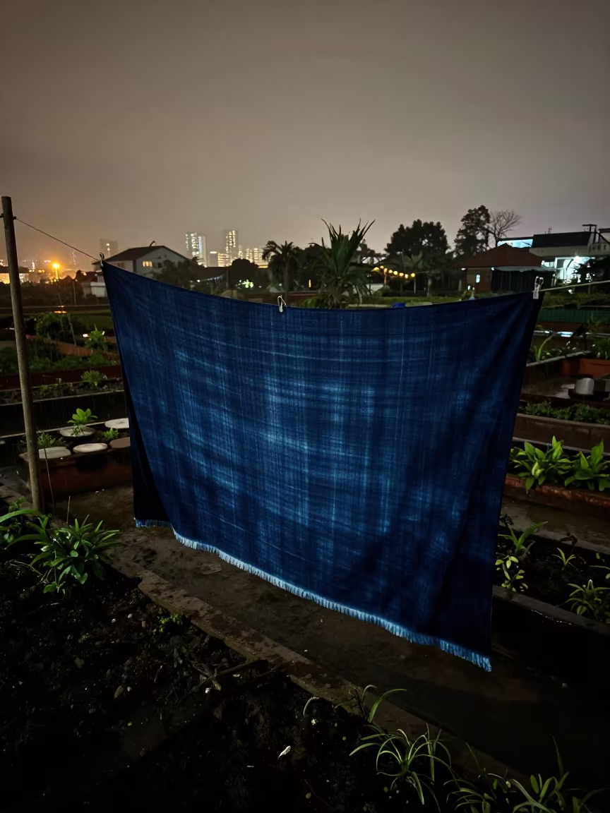 Indigo Fabric Drying in Rainy Season Shadow in among terraced garden plots near Mira-Bhayandar