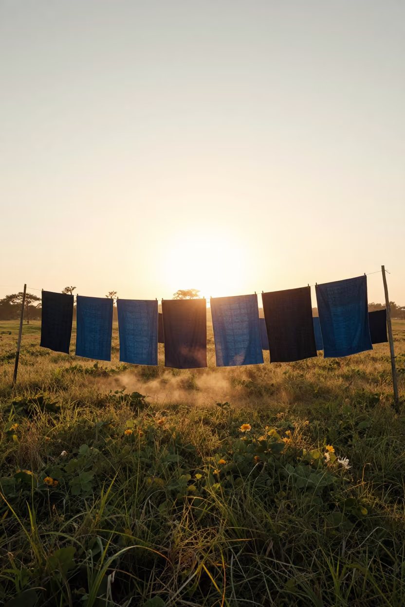 Indigo Fabric Drying in Sunset Meadow in in a bloom-heavy meadow near Port of Spain