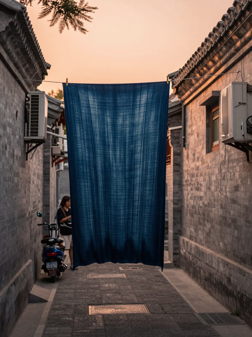Indigo Fabric in Beijing at Copper-toned Light Before Dusk in in Beijing, China