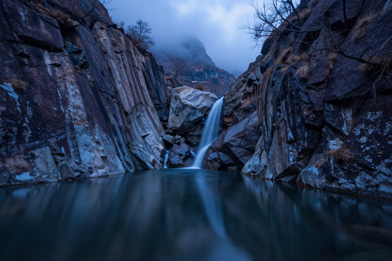 Indigo Fjord Twilight Granite Waterfall Reflection in in Uttarakhand