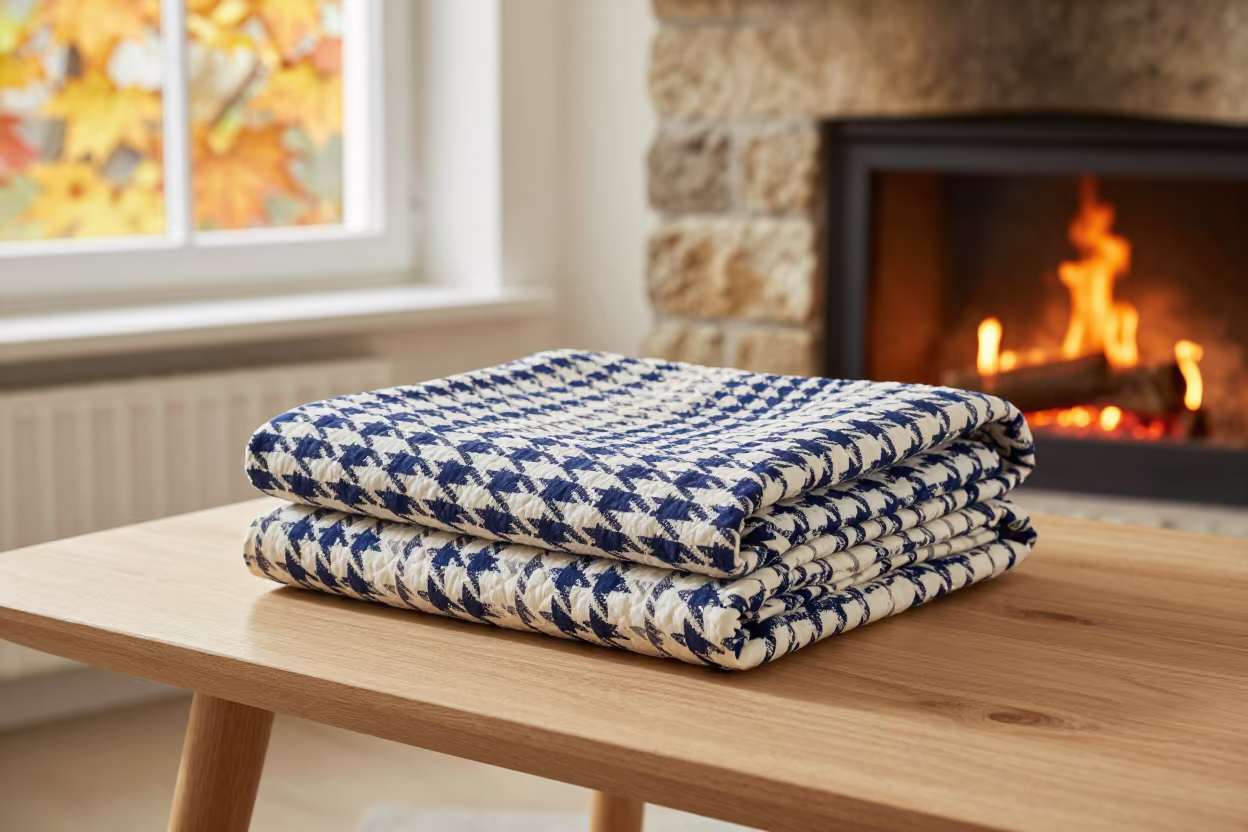 Indigo Geese Quilt by Plzen Fireplace in by a crackling fireplace in Plzeň