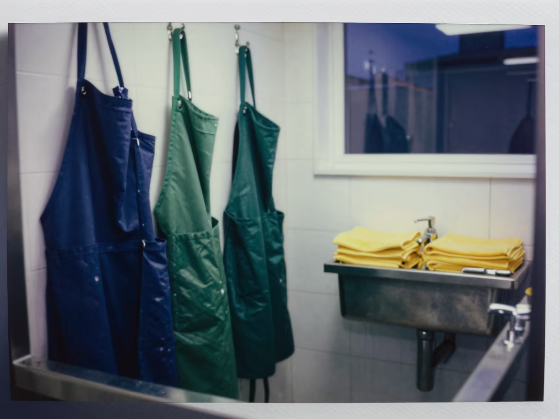 Indigo Glow on Dog Wash Station Aprons in at a self-serve dog wash station near Lublin