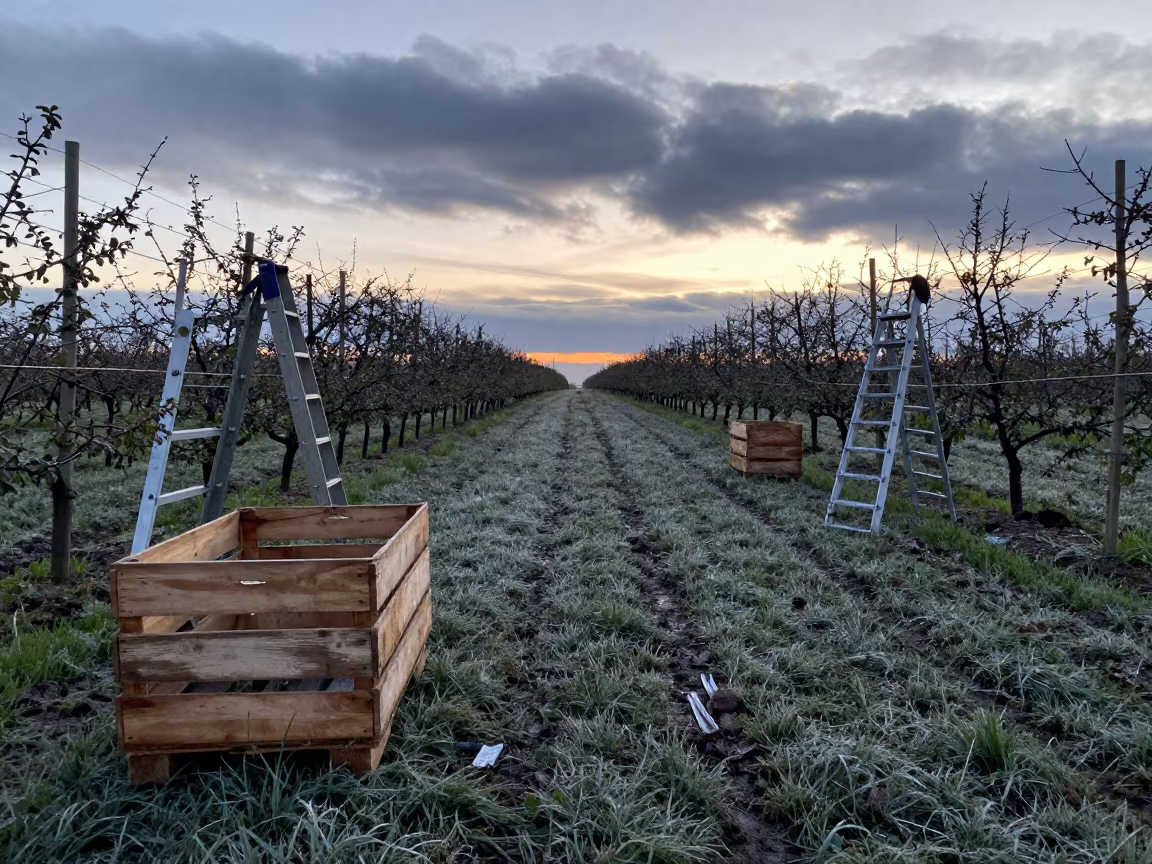 Indigo Harvest Field Dawn Alberta Orchard in among orchard ladders and crates in Alberta