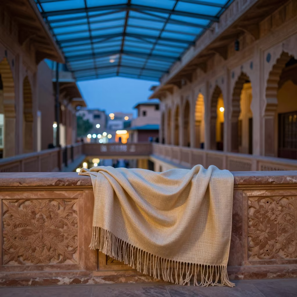 Indigo Kashmir Pashmina Shawl on Jaipur Stone Balcony in inside a glass-roofed arcade in Johari Bazaar, Jaipur