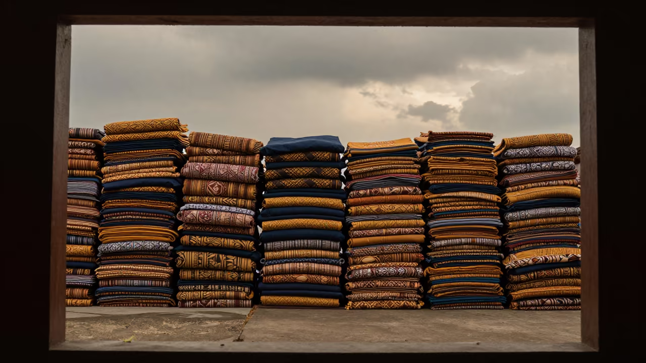 Indigo Ochre Batik Stacks in Jakarta Hall in in a ceremonial hall in Jakarta