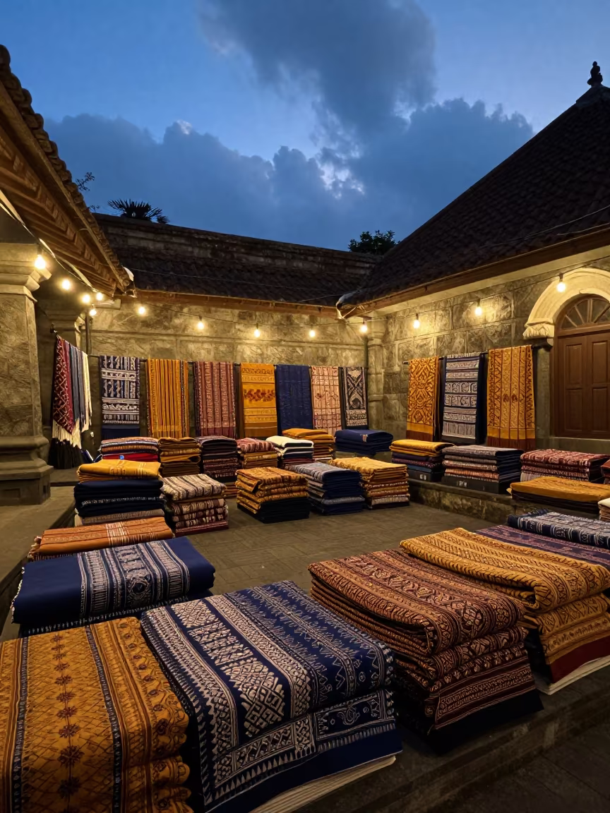 Indigo and Ochre Batik Stacks at Yogyakarta Shrine in in a shrine lined with lanterns in Yogyakarta