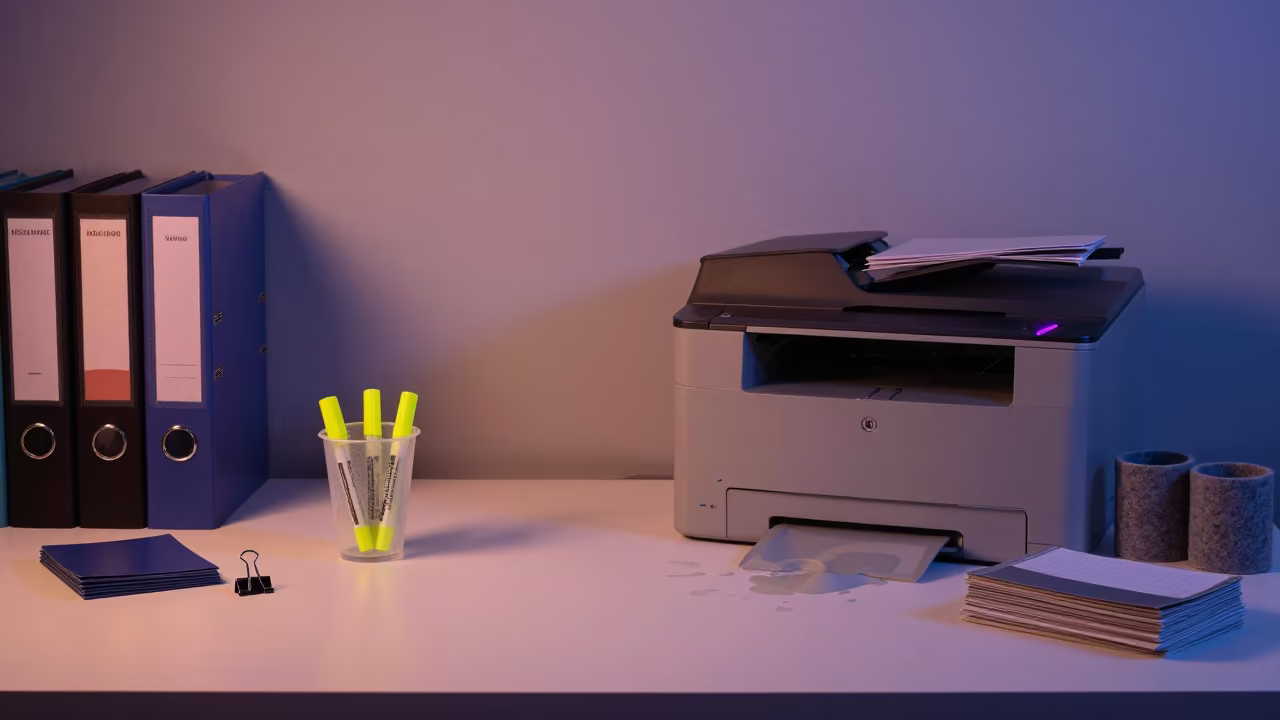 Indigo Office Desk with Highlighter Cup and Binders in on a writing desk near Salem