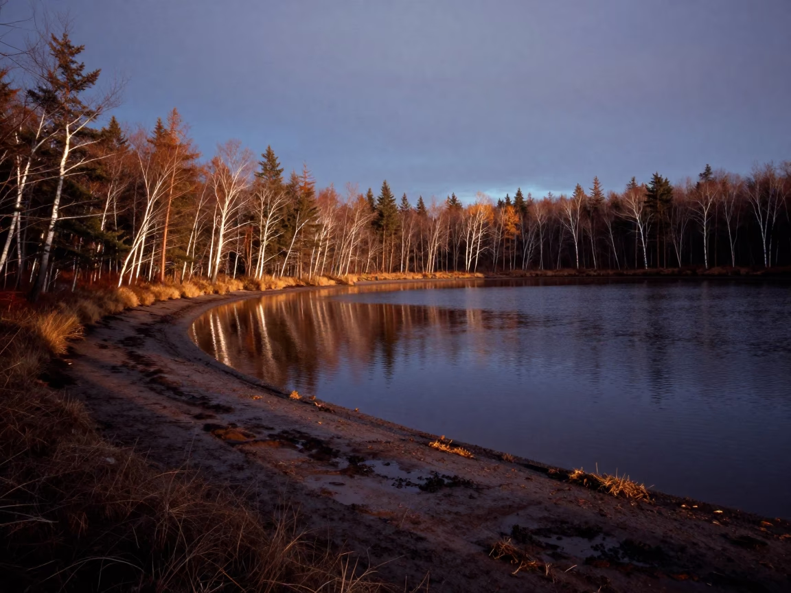 Indigo Oxbow Lake Reflecting Autumn Trees in across a floodplain after rain in Newfoundland
