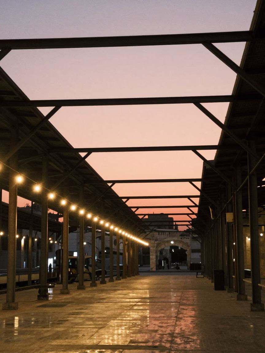 Indigo to Peach Gradient Sky in Aleppo Train Terminal in inside a restored train terminal in Aleppo