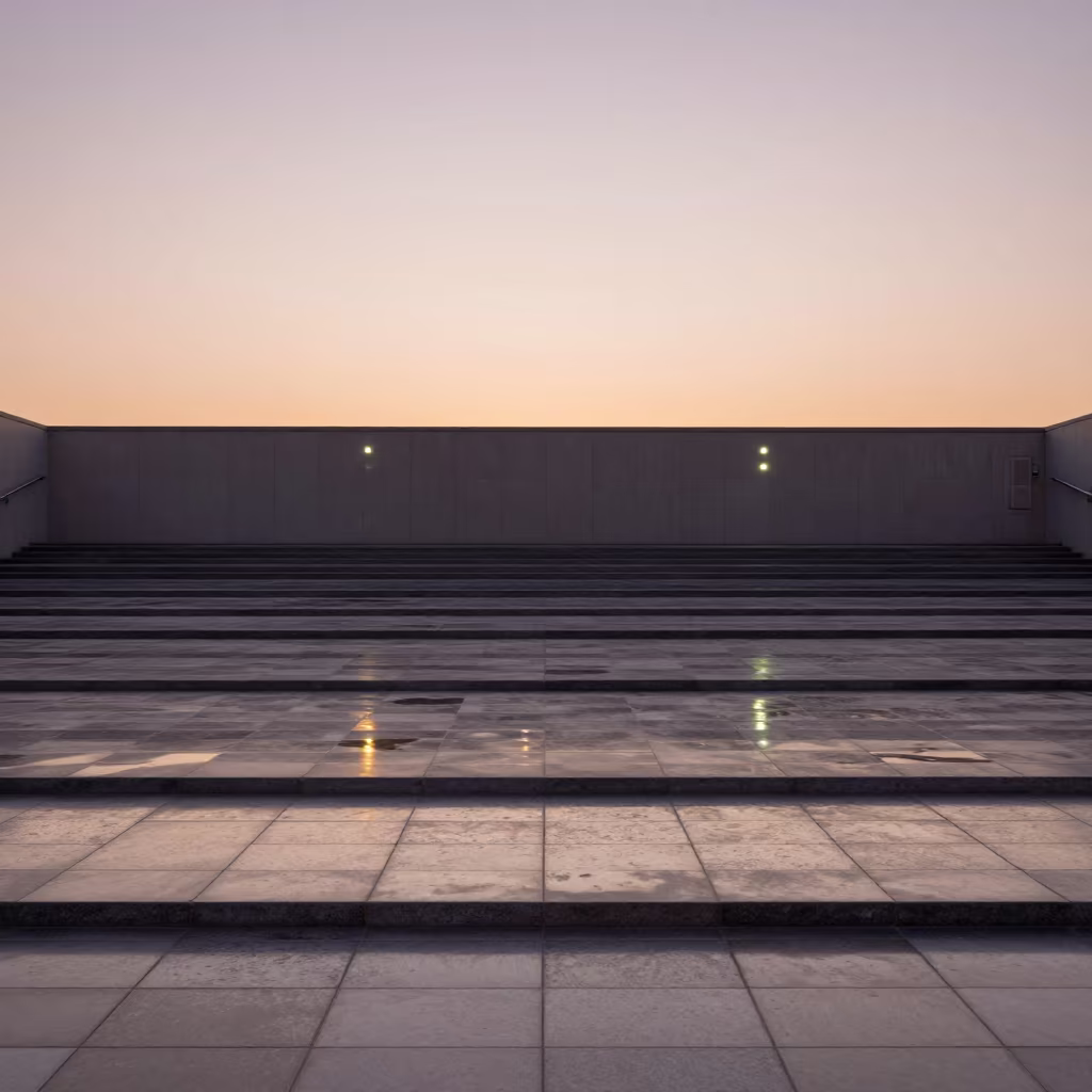 Indigo to Peach Sky Gradient in Tiled Hall in inside a tiled stair hall in Concordia