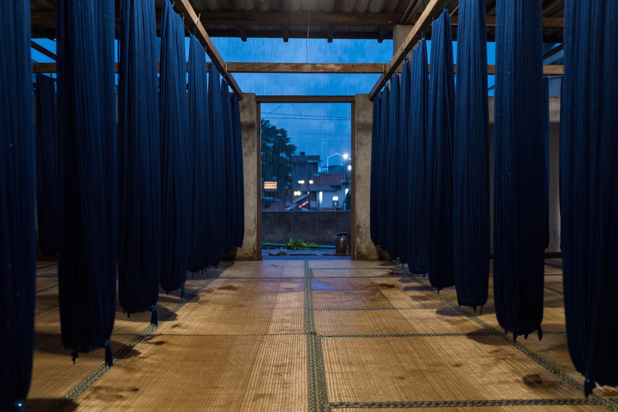Indigo Silk Dyeing Workshop Surat Monsoon Twilight in on a tatami mat near Surat