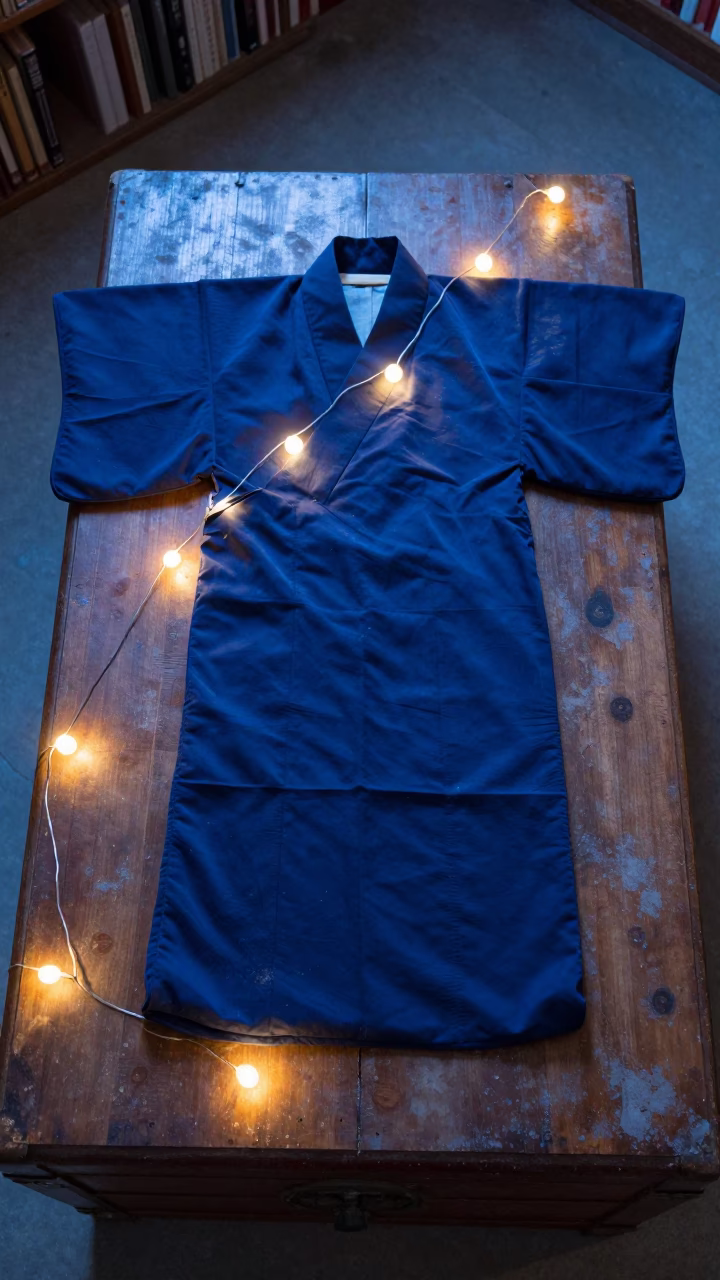 Indigo Silk Kimono on Library Table in on a dusty library table in Lyon
