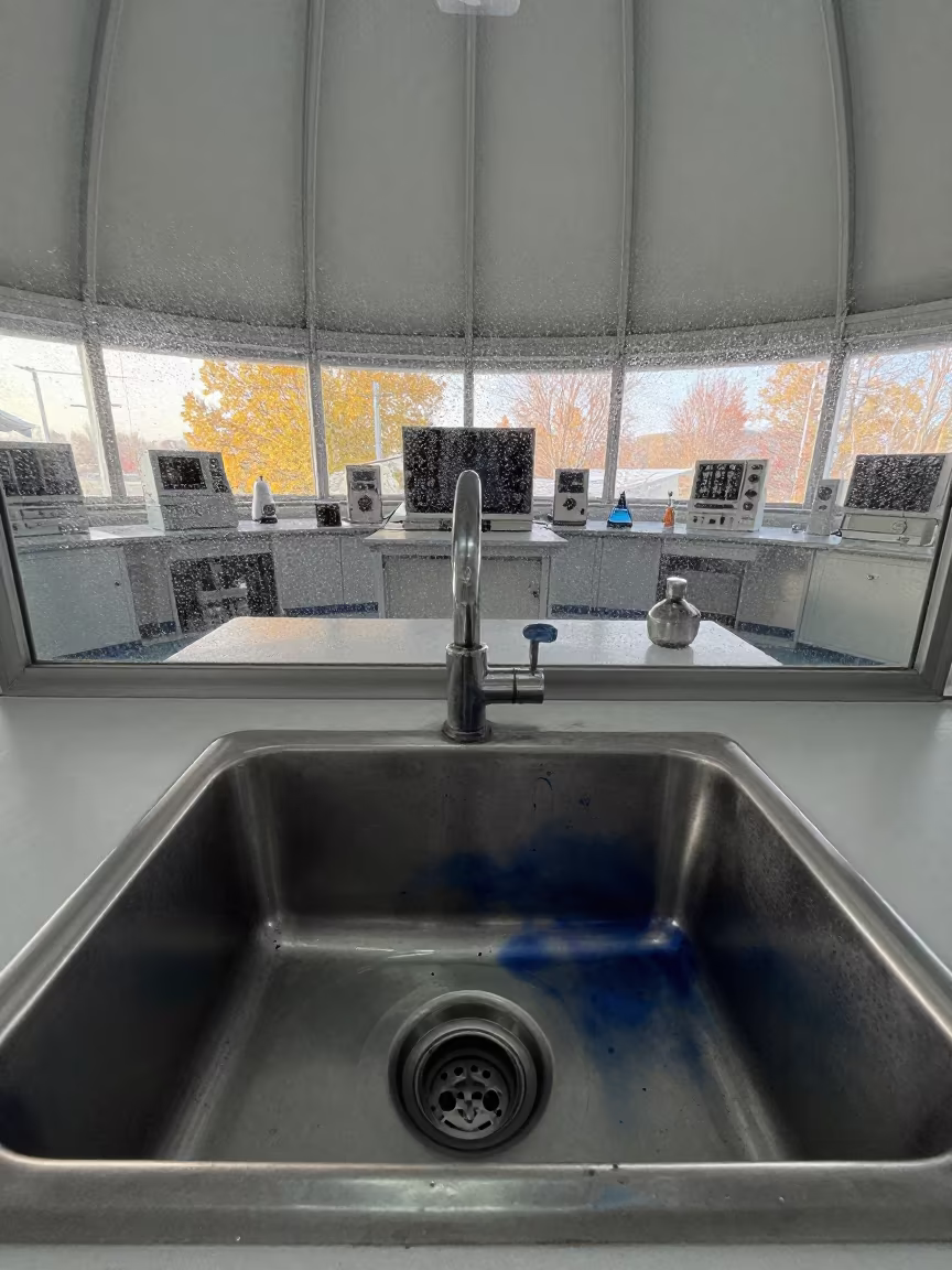 Indigo Stained Lab Sink in Autumn Observatory in inside an observatory control room near Namangan