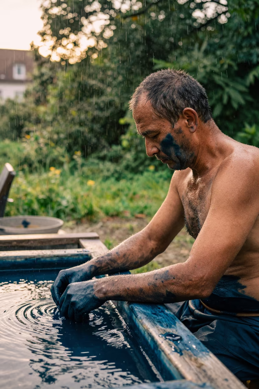 Indigo Stained Textile Dyer Portrait in near Leipzig