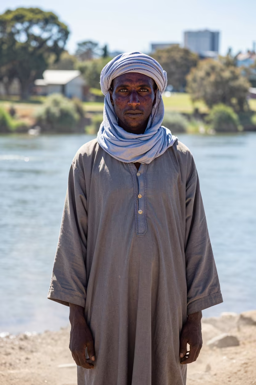 Indigo-Stained Tuareg Portrait Near Auckland River in near a riverside landing in Parnell, Auckland