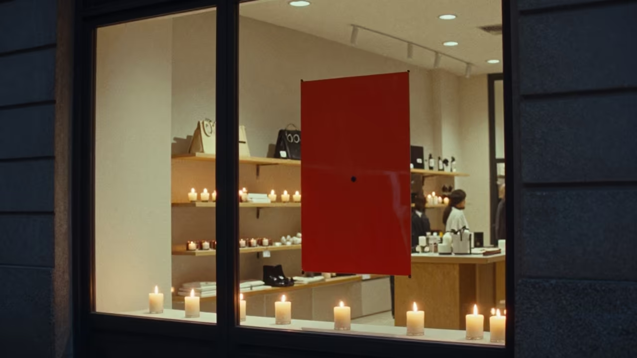 Indigo Store Sign Before Twilight Markdown in inside a storefront display zone near Barcelona