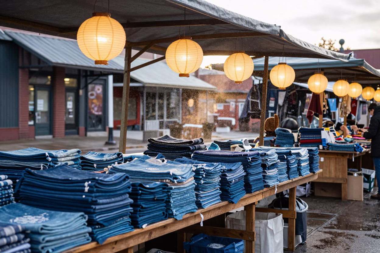 Indigo Textiles and Lanterns in Winter Market in at a market stall in Salt Lake City