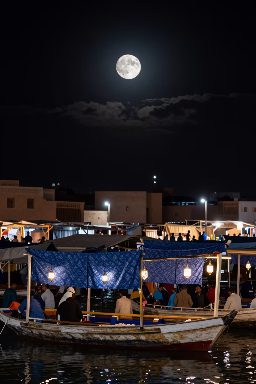 Indigo Textiles on Moon Market Boat in at a floating market boat in Taourirt