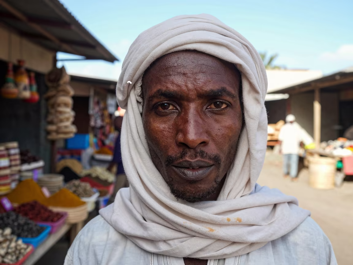 Indigo Tuareg Portrait in Seychelles Market Lane in along a market lane in Victoria Seychelles