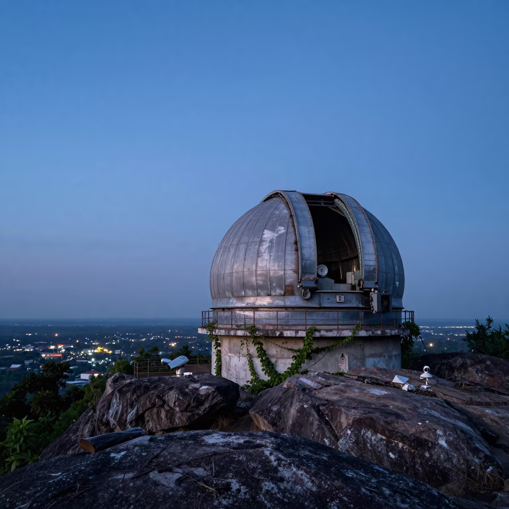 Indigo Twilight Abandoned Observatory Dome Thailand in along a rocky geology outcrop in Thailand