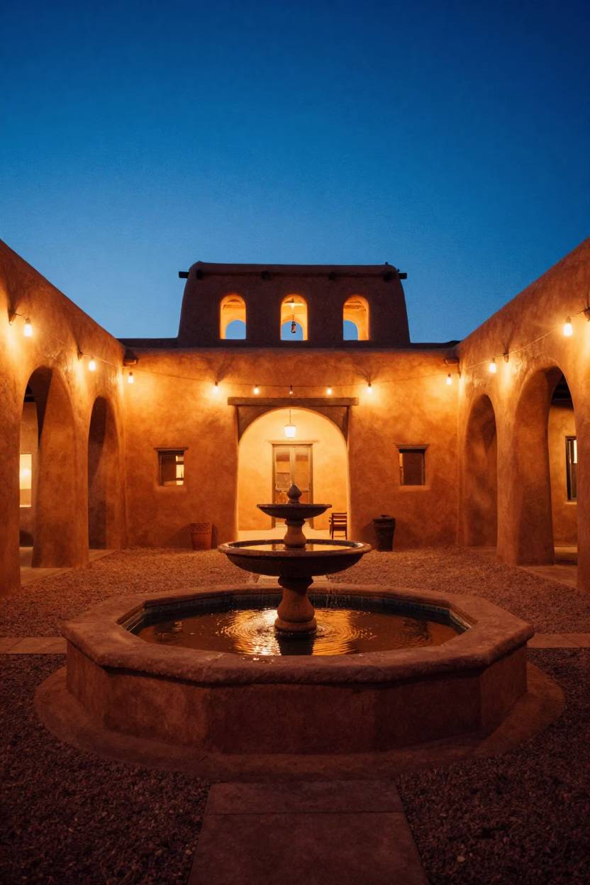 Indigo Twilight Adobe Hacienda with Fountain in in New Mexico