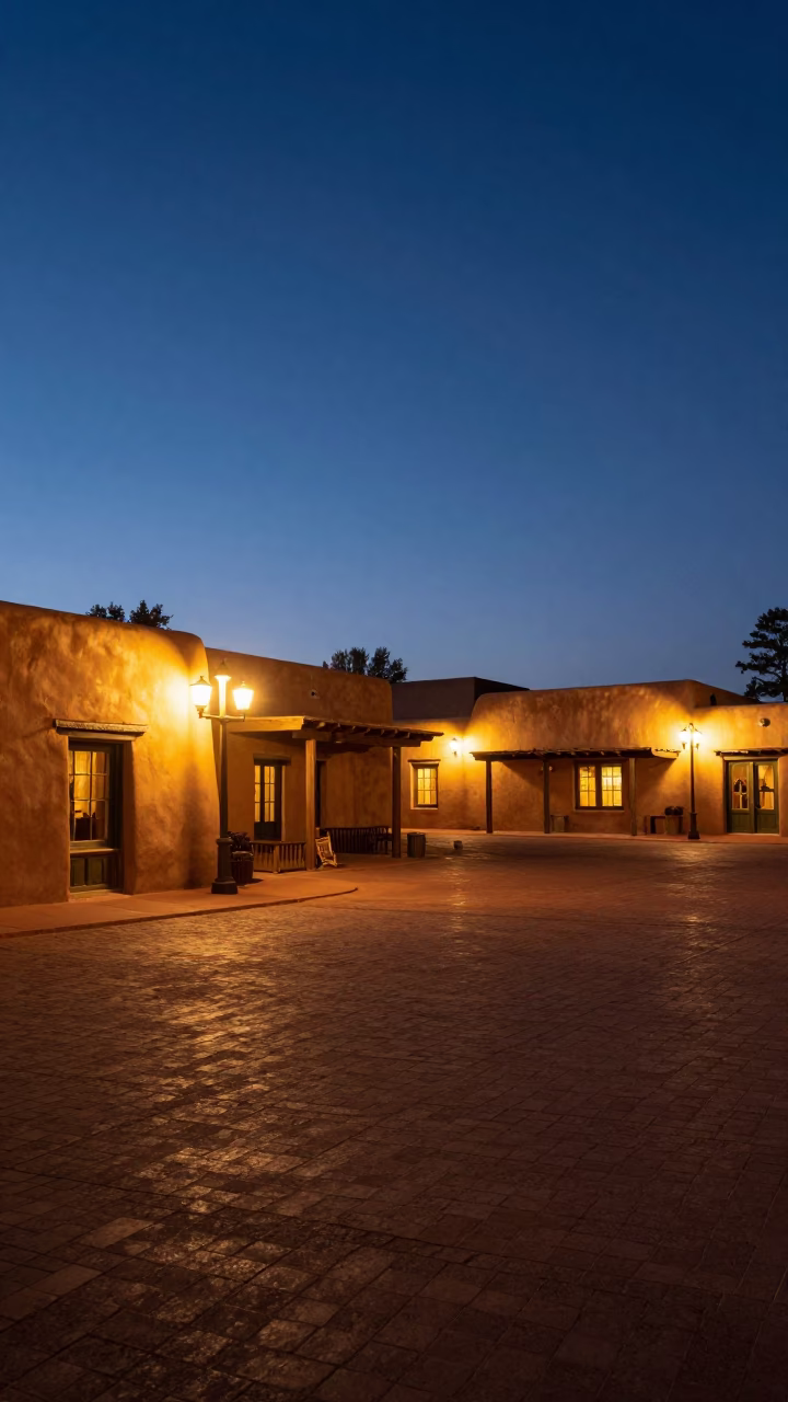 Indigo Twilight After Sunset on Adobe Plaza in Santa Fe in in Santa Fe, New Mexico, United States