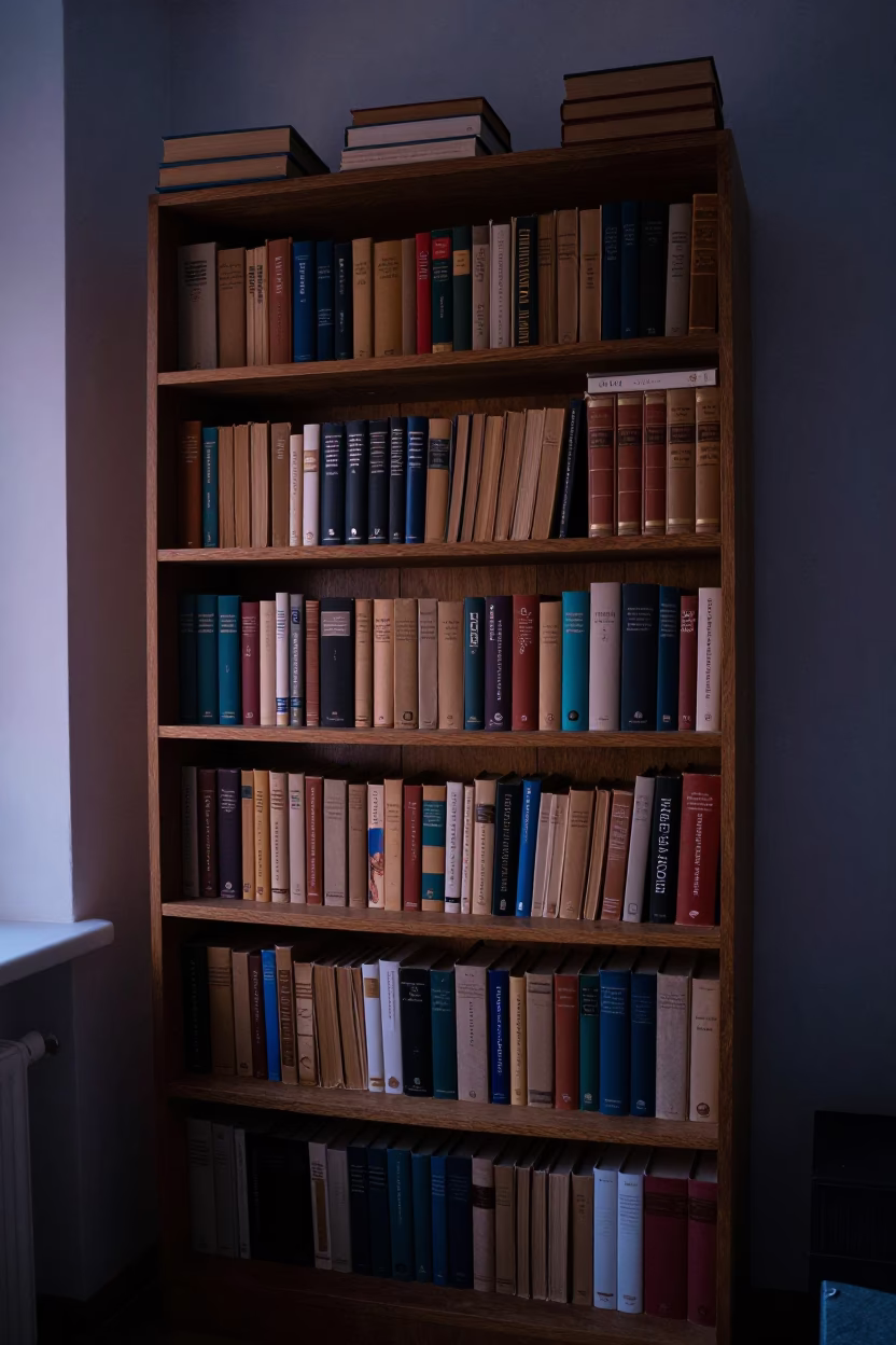 Indigo Twilight After Sunset on Bookshelf Stuffed in Krakow in in Krakow, Poland
